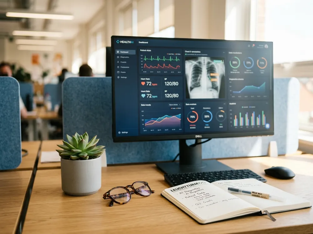 Clean healthtech workspace desk with diagnostics dashboard