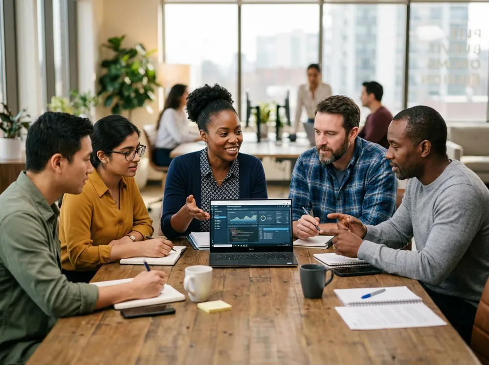 Healthcare technology team collaborating on diagnostics platform