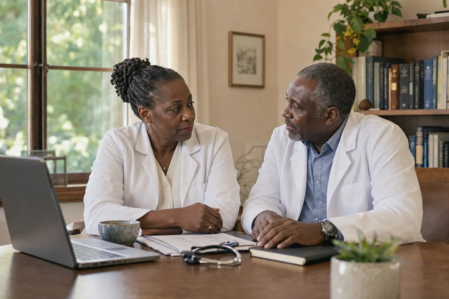 Two physicians collaborating over patient records in a sunlit consulting room