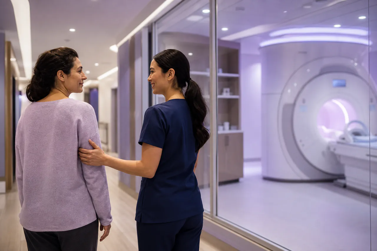 Radiology technologist guiding a patient into an MRI suite at an imaging center