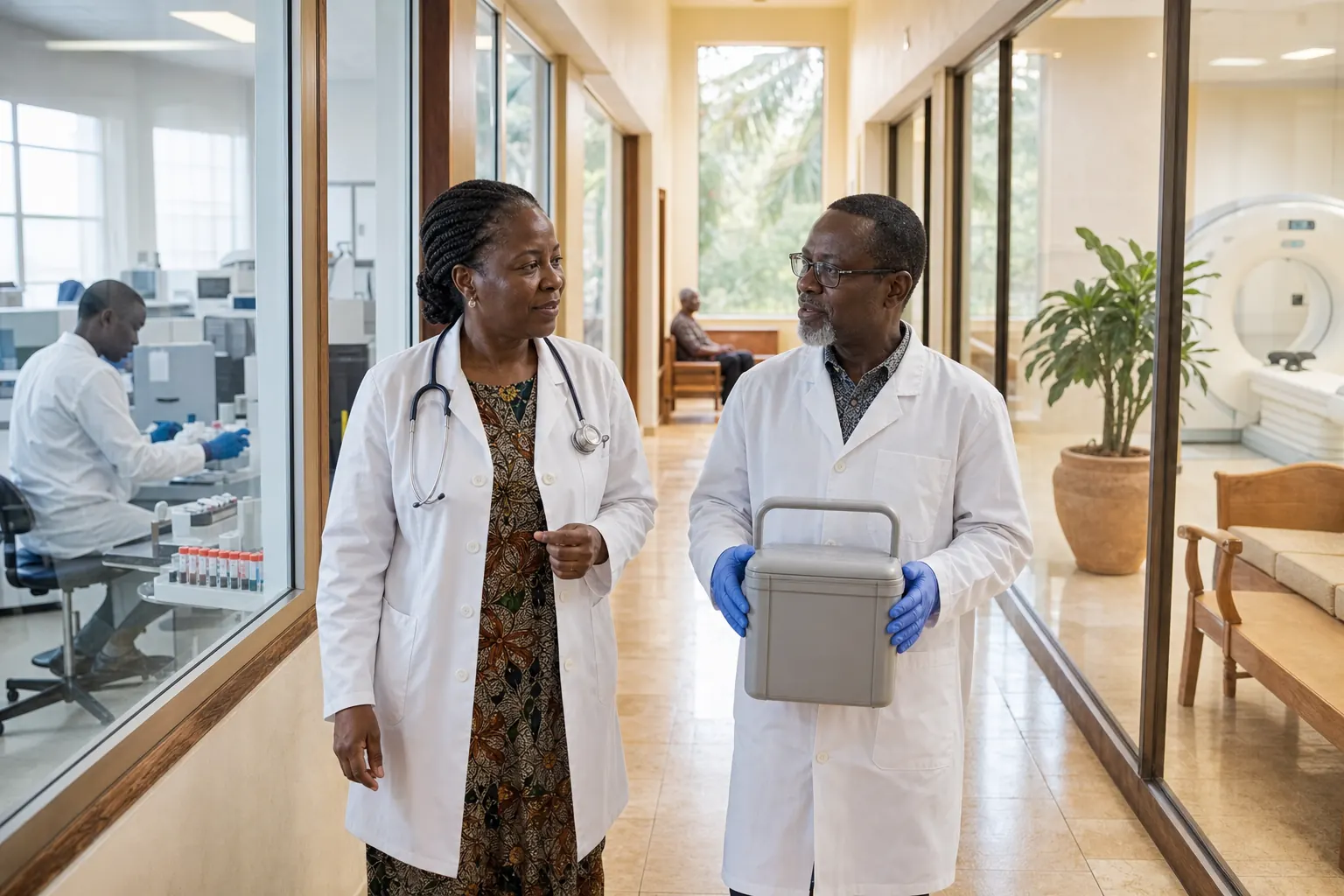 A physician and laboratory scientist walking a sunlit corridor between lab and imaging suites